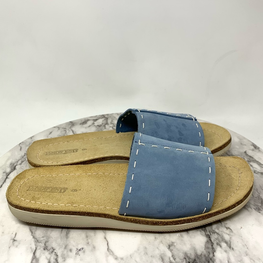 Lands' End Open Toe Top Stitch Blue Leather Slide Sandals 9 Casual Sporty Preppy - Picture 2 of 11